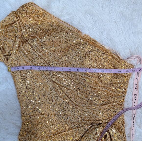 IEENA for Mac Duggal Gold Sequin One Shoulder Ruched Mini Dress Size 8 - Picture 8 of 16
